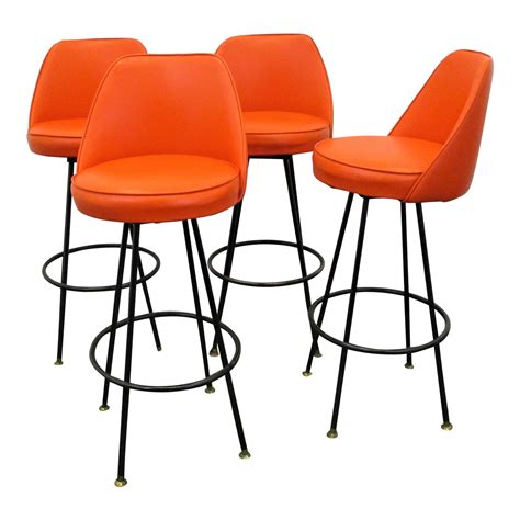 Mid Century Modern Swivel Bar Stools With Original Orange Upholstery