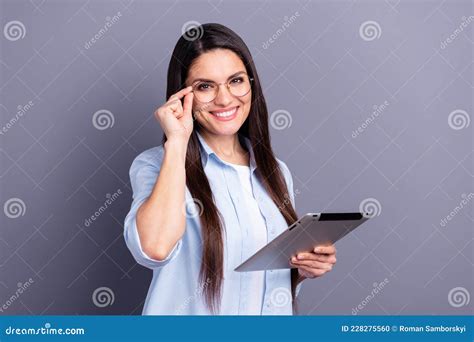 Photo Of Adorable Sweet Mature Woman Wear Formal Shirt Arm Spectacles Writing Modern Device