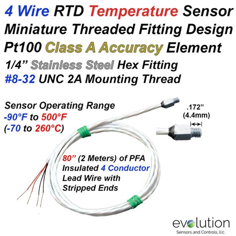 4 Wire Rtd Sensor With Miniature Threaded Fitting 80 Inch Wire Leads