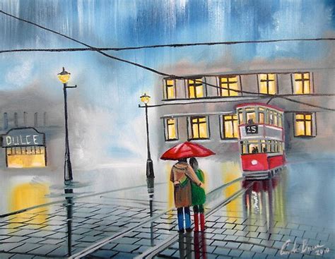 Rainy Day Umbrella Wet Street Tram Oil Painting By Gordonbruce