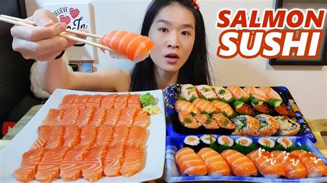 all salmon sushi and sashimi feast sushi rolls nigiri japanese food mukbang w asmr eating