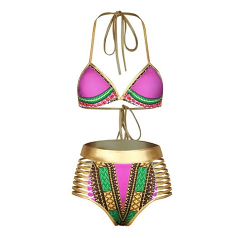 women tribal print bikini african metallic swimsuit two piece beachwear cutout halter neck