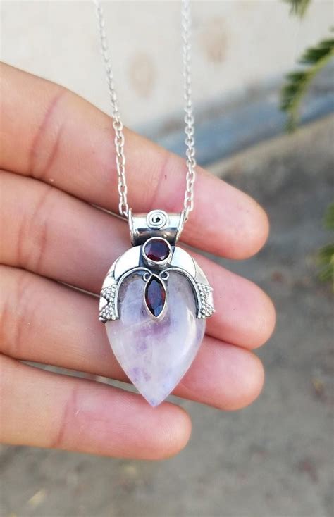 Moonstone Garnet Necklace Pendant Silver Jewelry Crystal Necklace