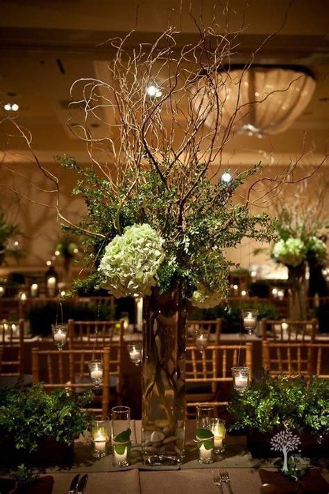 Tall Designs Of Curly Willow With Antiqued Hydrangea And Lush Foliages Romantic Wedding