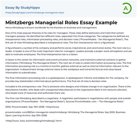 Mintzbergs Managerial Roles Essay Example Studyhippo Com