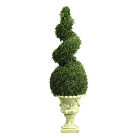 Two 5 foot outdoor artificial cedar topiary trees potted uv rated cypress 4 pine. Cedar Spiral Topiary with Decorative Vase - Topiaries at ...