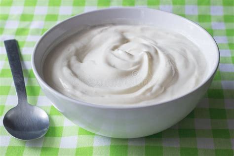 Natural Plain White Greek Yoghurt In Bowl Closeup Yogurt Background