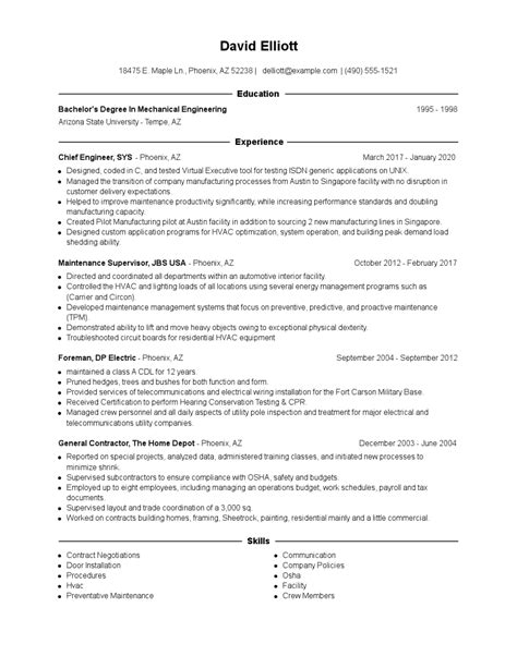 All resumes should have contact information at the top of the page. Chief Engineer Resume Examples and Tips - Zippia