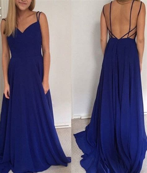 Simple A Line Spaghetti Straps Backless Royal Blue Long Prom Dress On