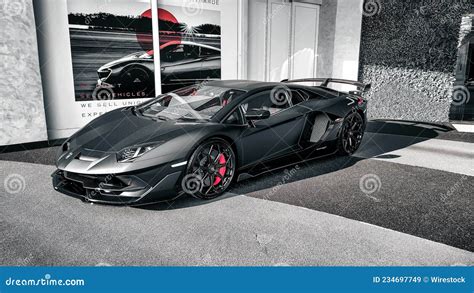 Matte Black Lamborghini Aventador Svj Front Side Editorial Stock