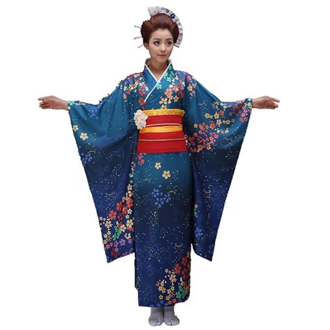 Hot New Top Grade Blue Japanese Style Lady Kimono Gown Sexy Women Yukata With Obi Vintage