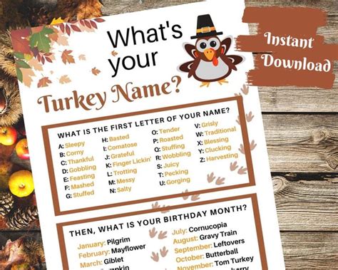 Thanksgiving Party Game Whats Your Turkey Name Game Turkey | Etsy
