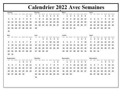 Calendrier Semaine 2022