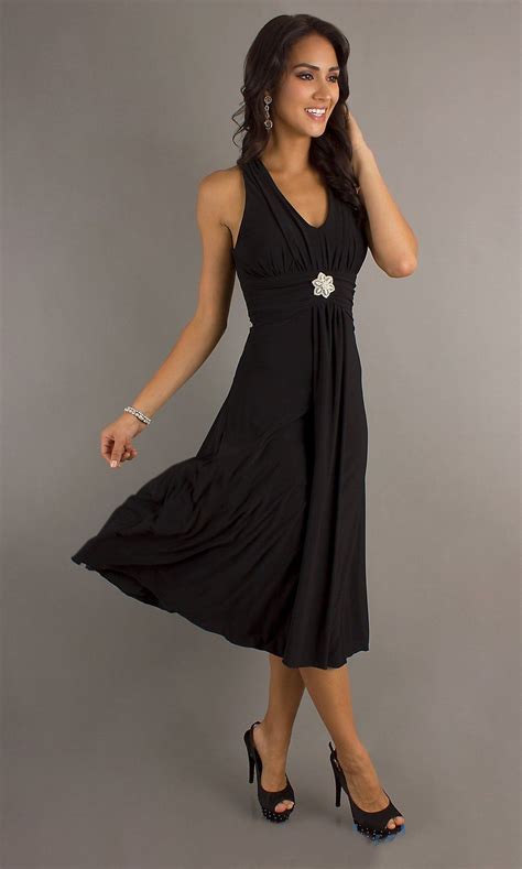 Black Semi Formal Dress Halter Tea Length V Neck Empire Waist Dresses
