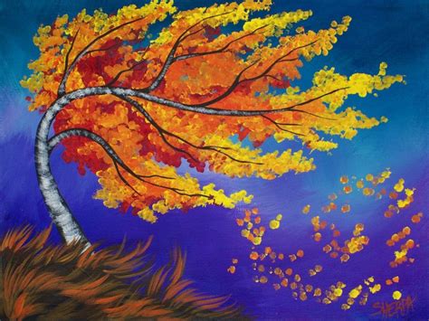 Fall Blowing Birch Tree Painting Acrylic With Q Tips Art Sherpa Fall