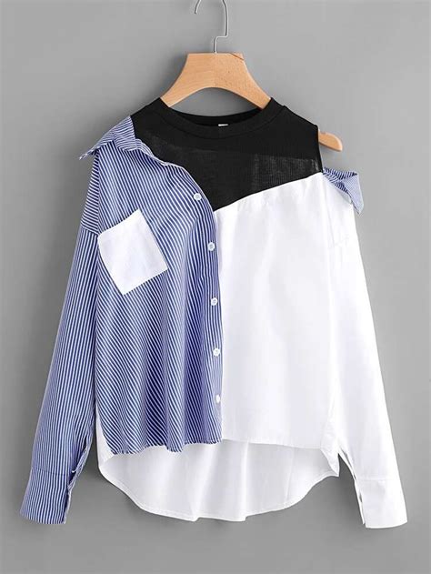 2 In 1 Spliced Stripe Asymmetrical Shirt Asymmetrical Shirt Teenage