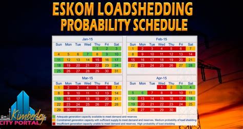.will load shedding happen, what time and when, read latest news about eskom and more. Eskom Loadshedding Probability Schedule Jan - Apr 2015 ...