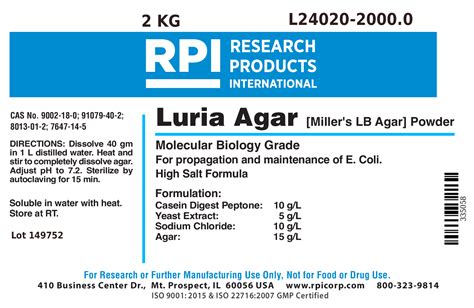 L24020 20000 Luria Agar Powder Millers Lb Agar 2 Kilograms