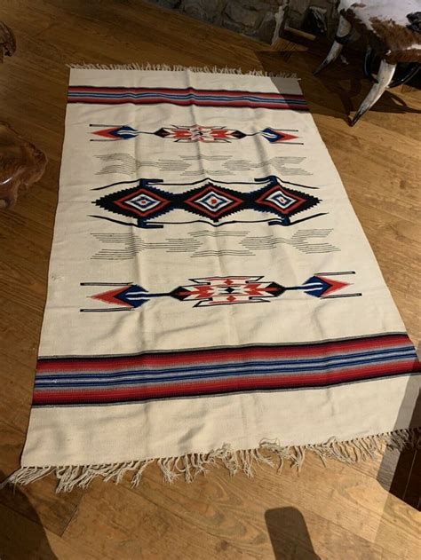 Crime Red And Blue Rug Wool Blanket Chimayo New Mexico Hand Woven 53x80