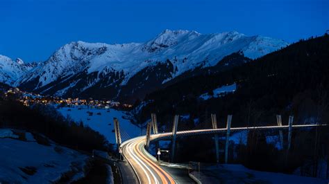 Wallpaper Mountains Road Night Snow Snowy Mountain Light Trails
