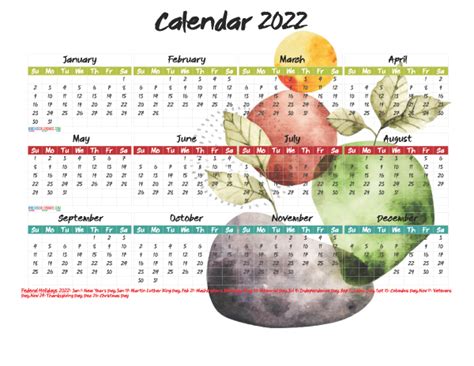 Free 2022 Printable Yearly Calendar With Holidays 12