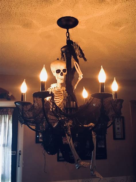 Skeleton And Creepy Cloth On My Dining Room Chandelier Halloween