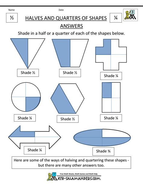 Halves And Quarters Of Shapes Answers Fractions Worksheets 3rd Grade