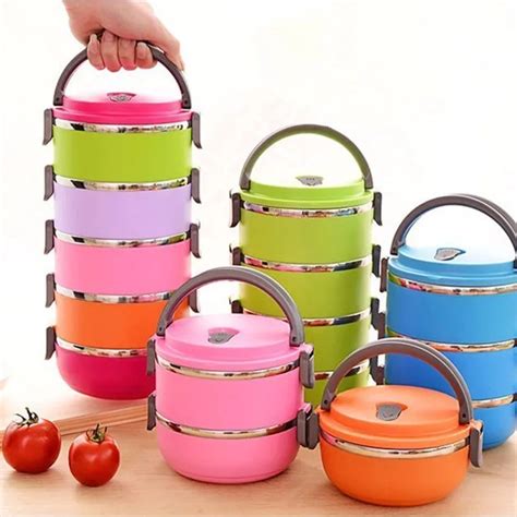 4 Colors Solid Round Bento Box Insulation Stainless Steel Lunchbox