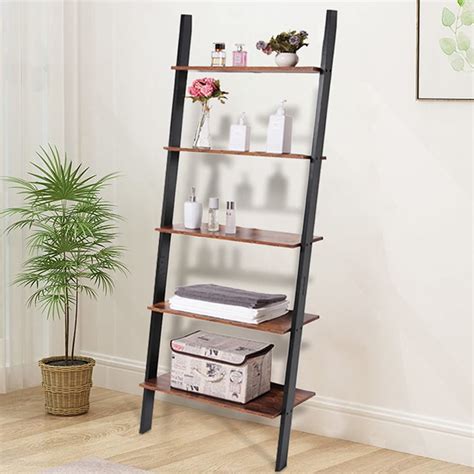 Iwell Ladder Shelf 5 Tier Leaning Bookshelf Retro Storage Shelves