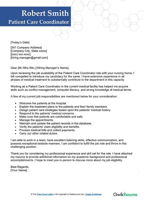 Patient Care Coordinator Cover Letter Examples Qwikresume