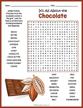 All About Chocolate Word Search Puzzle Worksheet Activity By Puzzles To