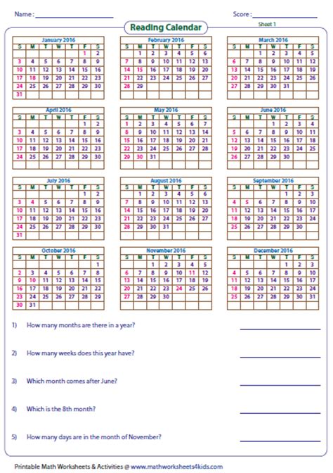 Reading Calendar Worksheets with Word Problems