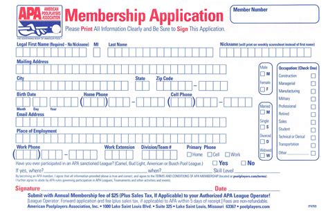 Birmingham Apa Membership Application Page Bumpers Billiards Of