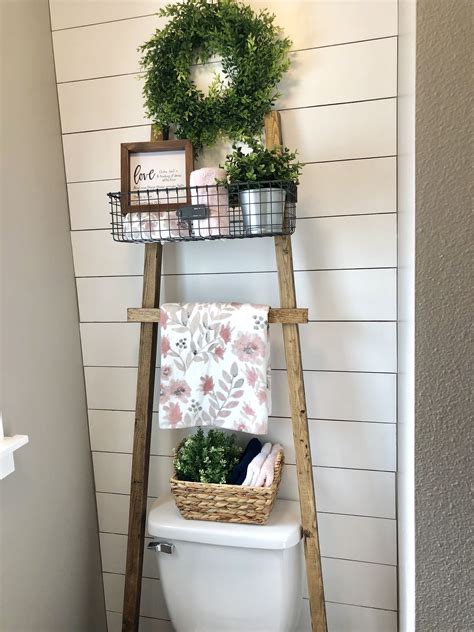 Rustic Bathroom Ladder Shelf With Shiplap Wall Bathroomshiplapideas