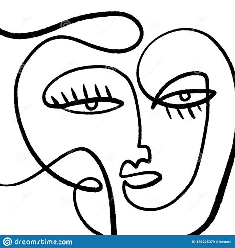 Modern Abstract Face Portrait Linear Ink Brush Line Art Current