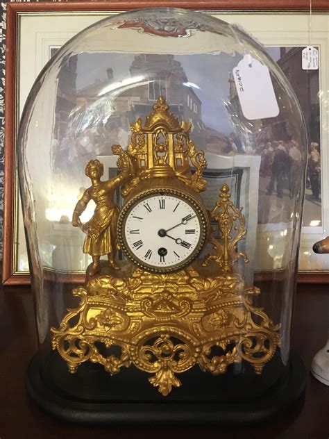 French Antique Gilt 8 Day Clock In Glass Dome