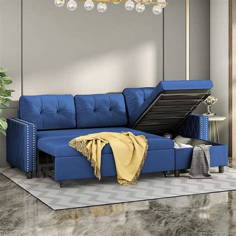 mjkone velvet sectional sleeper sofa with large chaise storage reversible pull out couch sofa