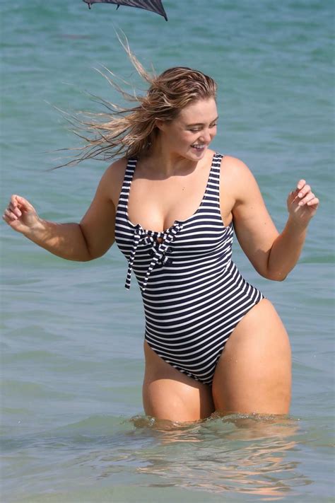 Iskra Lawrence Seen Wearing Black And White Striped Swimsuit During A
