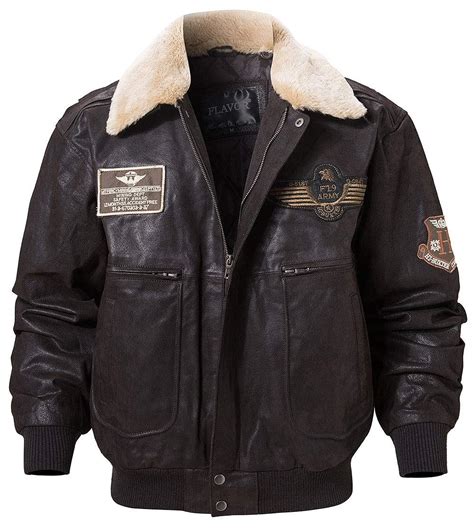 Buy Flavor Mens Real Leather Bomber Jacket With Removable Fur Collar