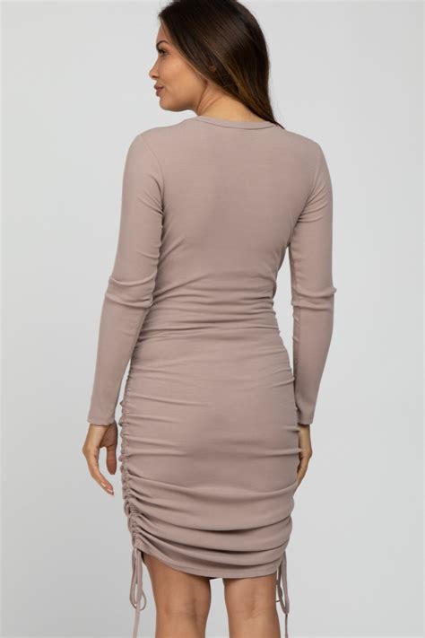 mauve ribbed ruched side tie maternity fitted dress pinkblush