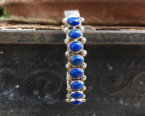 Navajo Paul Livingston Sterling Silver Lapis Lazuli Row Bracelet