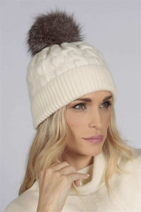 Cream White Pure Cashmere Fur Pom Pom Cable Knit Beanie Hat Italy In Cashmere Us