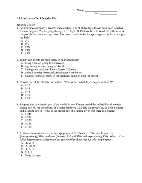 Chapter 5 Practice Test Date Ap Statistics Ch 5