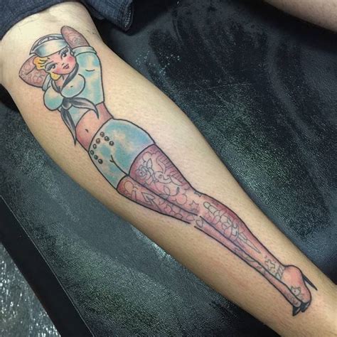 Traditional Sailor Pin Up Tattoo On The Calf