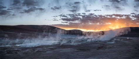 Geyser And Volcanic Lands At Sunrise Stock Image Image Of Effluvium