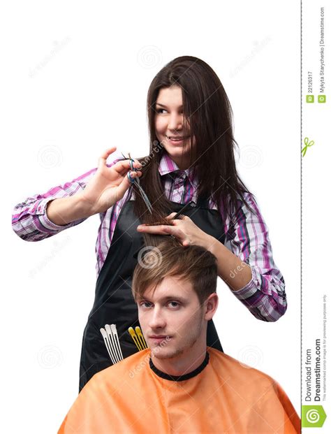 Girl Hairdresser Cutting Hair Of Young Man Isolate Royalty