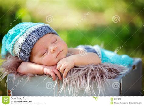 Cute Newborn Baby Boy Sleeping Peacefully In Basket In Garden Stock