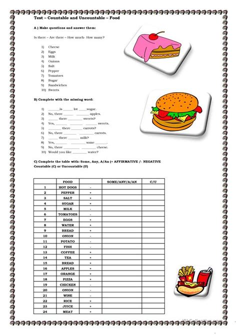 Countable And Uncountable Food Worksheet Free Esl Printable