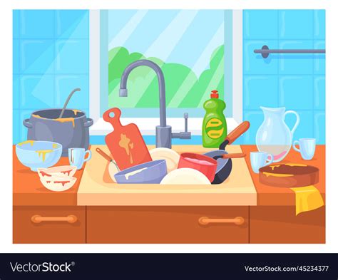 Messy Sink With Dirty Dishes Cartoon Kitchen Vector Image