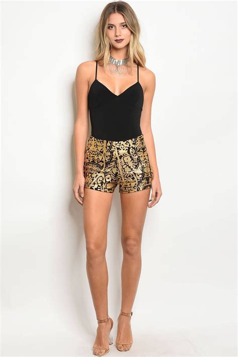 Ladies Fashion Black And Gold Detailed Shorts With A Zipper Closure Boutique Style Outfits
